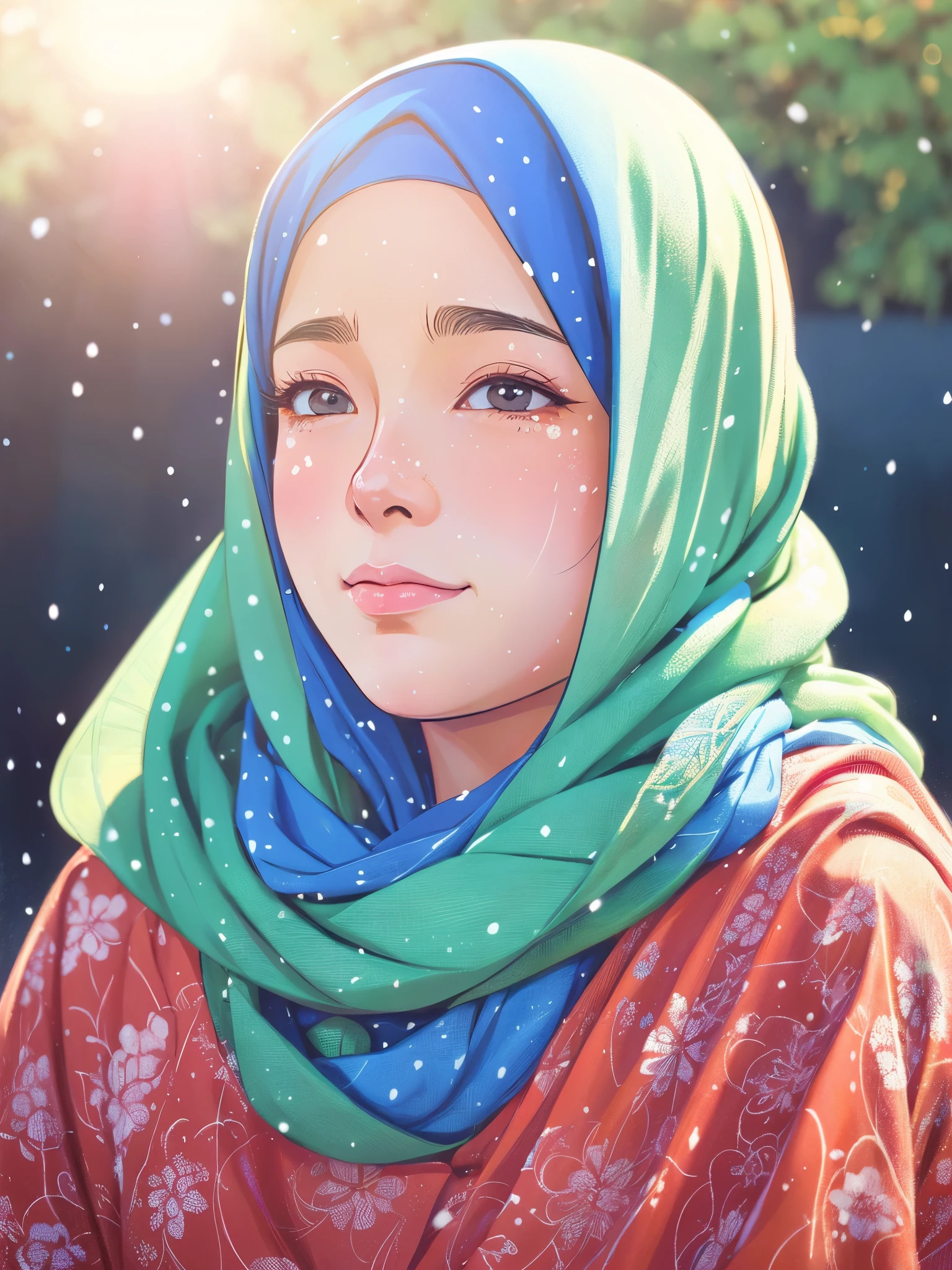 Illustration style, ukiyoe, Showa Anime, Hijab Woman, Snow, (Sensitive), the morning sun, a mountain in the back, (Tears), best quality, ultra-detailed, realistic:1.37, portraits, vibrant colors, soft pastel tones, natural lighting.