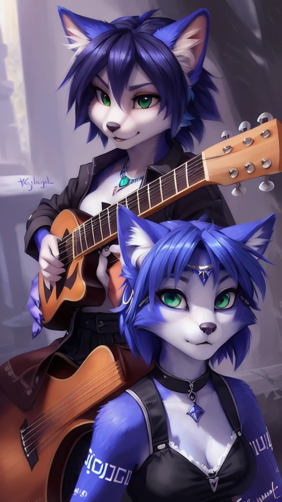 A beautiful and detailed (sweet portrait) von ((Krystal)), Sternenfuchs Krystal, Schlank, liebenswert, green eyes, medium breasts, (((Lange blaue Haare 1.3))), ((schwarze haarspitzen)), Dekollete, Grinsen, hoch schauen,, anthro, Pelzig, Hochgeladen E621, detailed flauschige fur, (von Fluff-Kevlar, Bayard Wu, Personalami, Pino Daeni), detailliertes Gesicht, (flauschige), 1 girl, Allein, wears a Gakuran , befindet sich in einer schule, spielt gitarre