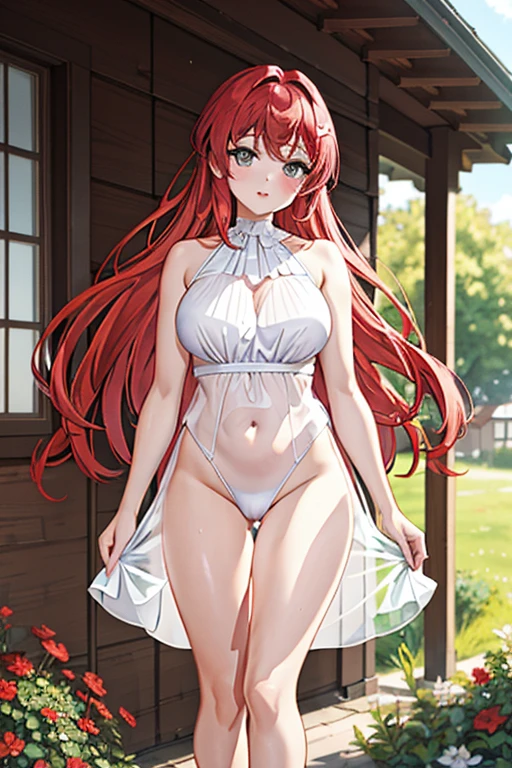 masterpiece, best quality,A beautiful woman with light delicately filtering through her red hair, her summer transparent dress is beautiful, she's using a white leotard under her transparent dress and she's standing in front of a cottage