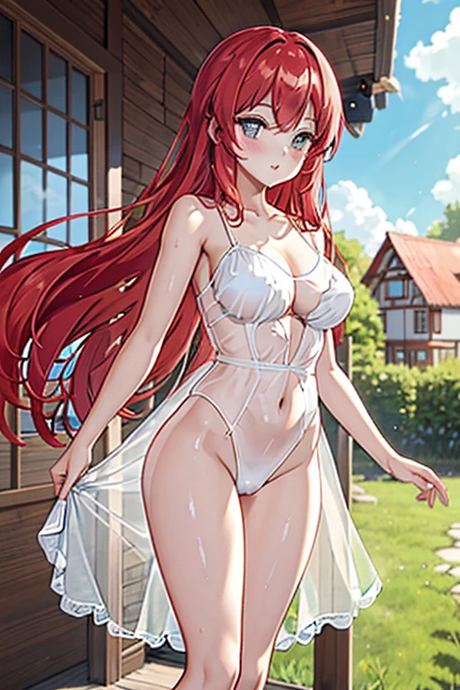 masterpiece, best quality,A beautiful woman with light delicately filtering through her red hair, her summer transparent dress is beautiful, she's using a white leotard under her transparent dress and she's standing in front of a cottage