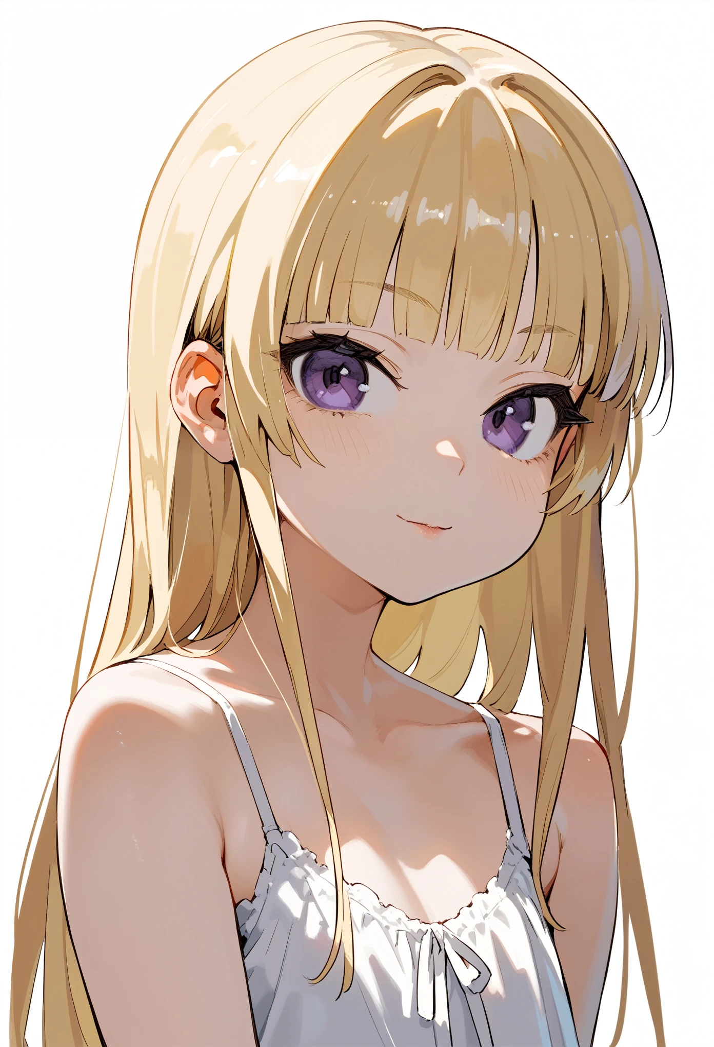 (score_9, score_8_up, score_7_up), 1girl, solo, long blonde hair, blunt bangs, dark purple eyes, white chemise dress, sleeveless, looking at viewer, neutral, upper body, portrait, white background, simple background