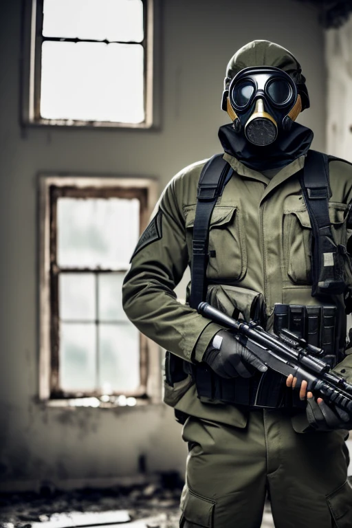 man, soldier, black, gas mask, grabing hand gun, ruined house.