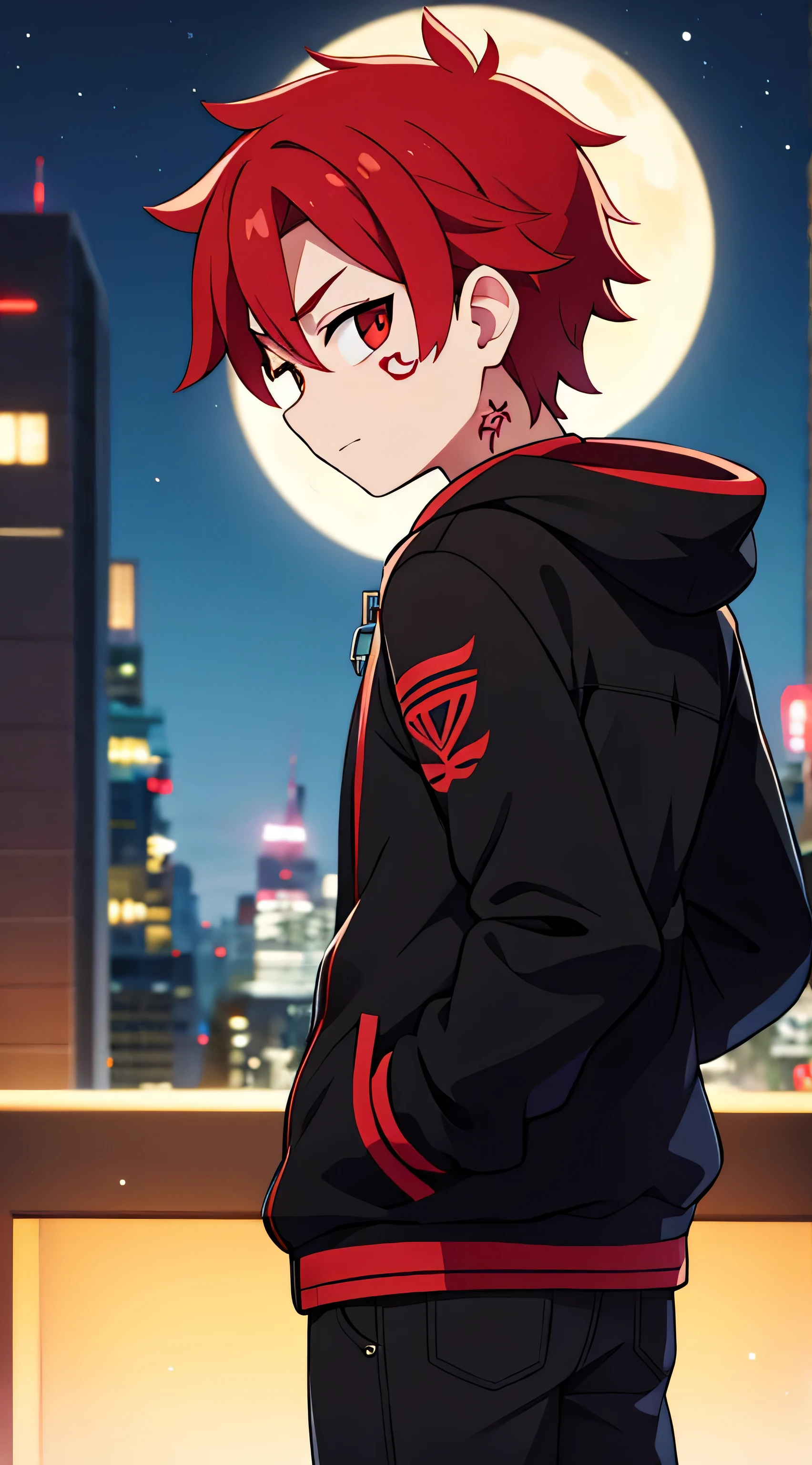 1 male, red haired , wearing a black jacket , night time ,face and neck tattoo , hands in pocket, looking back