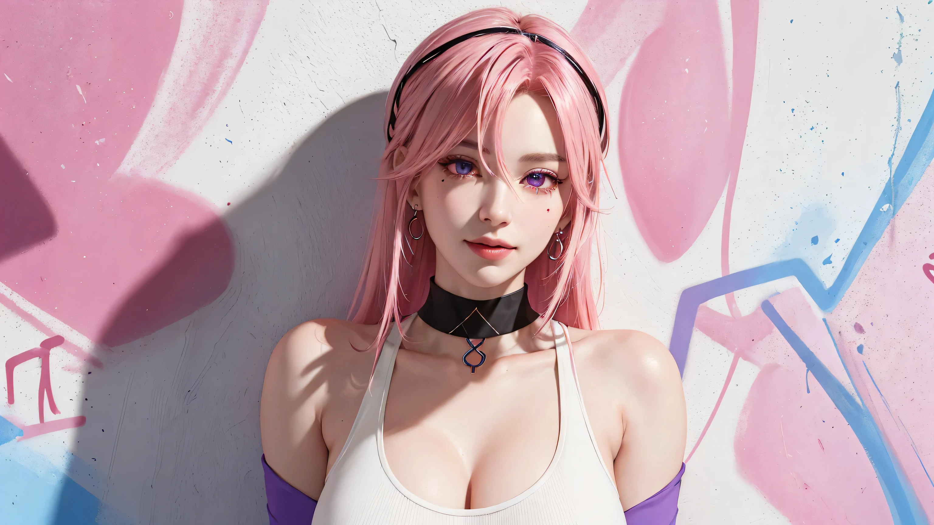 (Masterpiece, best quality, 1 girl, alone, complicated details, Chromatic aberration), realistic, ((Moderate breath)),long hair, pink hair, Red headpiece, Pink Highlights, hair on one eye,purple eyes, earring, sharp eyes, choker, Neon coat, She wears a collar, bangle, and kimono style garters., crop top, (symmetrical eyes),(Perfect symmetrical body),against the wall, Brick wall, (colorful graffiti words on the wall:1.2), The light is dim., alley ,Look at the viewer.、Dig the chest、smile、(sleeveless、Navel touch、Fitted turtleneck.)、street string hot pants、Thin bottom、Please build above the eaves..、Thin shoulders、in underwear、