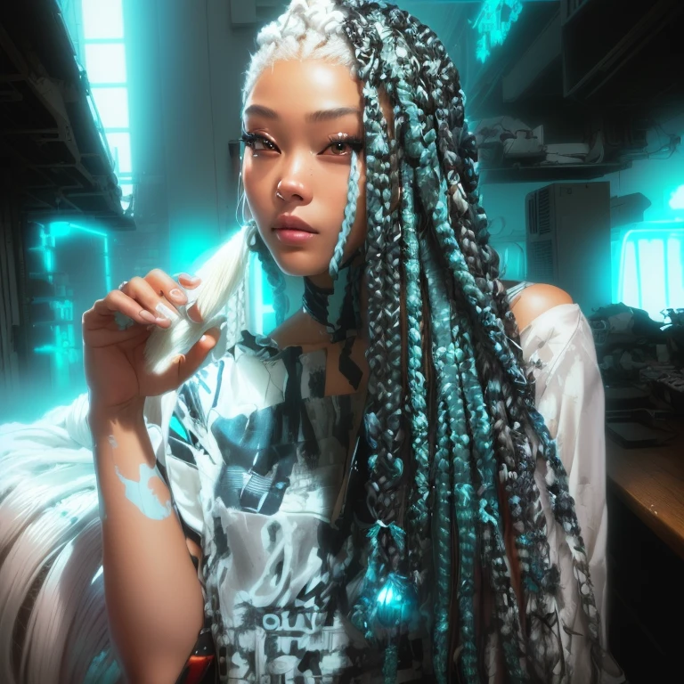 there is a woman with long white hair holding a toothbrush, white hair in braids, box braids, long white braids, long braids, long braided white hair, long braided white hair, long braided hair on top of head, trancinhas longas, braids, cornrows braids, braids in hair, white faded braided hair, twisted braids, white braids, cyberpunk girl, asian eyes, cyberpunk background