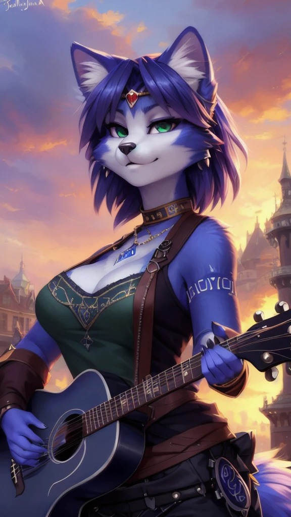 A beautiful and detailed (sweet portrait) von ((Krystal)), Sternenfuchs Krystal, Schlank, liebenswert, green eyes, medium breasts, (((Lange blaue Haare 1.3))), ((schwarze haarspitzen)), Dekollete, Grinsen, hoch schauen,, anthro, Pelzig, Hochgeladen E621, detailed flauschige fur, (von Fluff-Kevlar, Bayard Wu, Personalami, Pino Daeni), detailliertes Gesicht, (flauschige), 1 girl, Allein, wears a Gakuran , befindet sich in einer schule, spielt gitarre