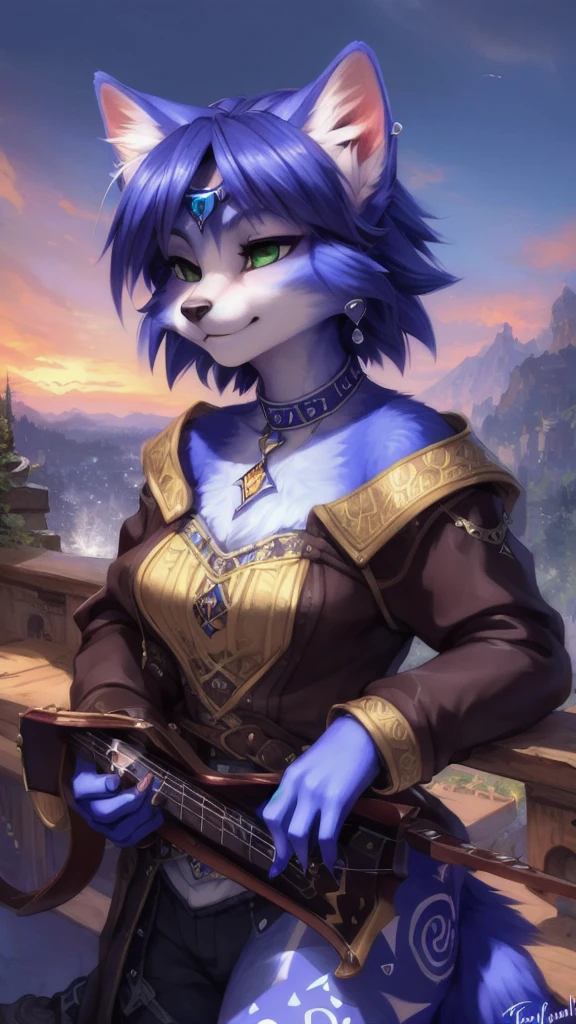 A beautiful and detailed (sweet portrait) von ((Krystal)), Sternenfuchs Krystal, Schlank, liebenswert, green eyes, medium breasts, (((Lange blaue Haare 1.3))), ((schwarze haarspitzen)), Dekollete, Grinsen, hoch schauen,, anthro, Pelzig, Hochgeladen E621, detailed flauschige fur, (von Fluff-Kevlar, Bayard Wu, Personalami, Pino Daeni), detailliertes Gesicht, (flauschige), 1 girl, Allein, wears a Gakuran , befindet sich in einer schule, spielt gitarre