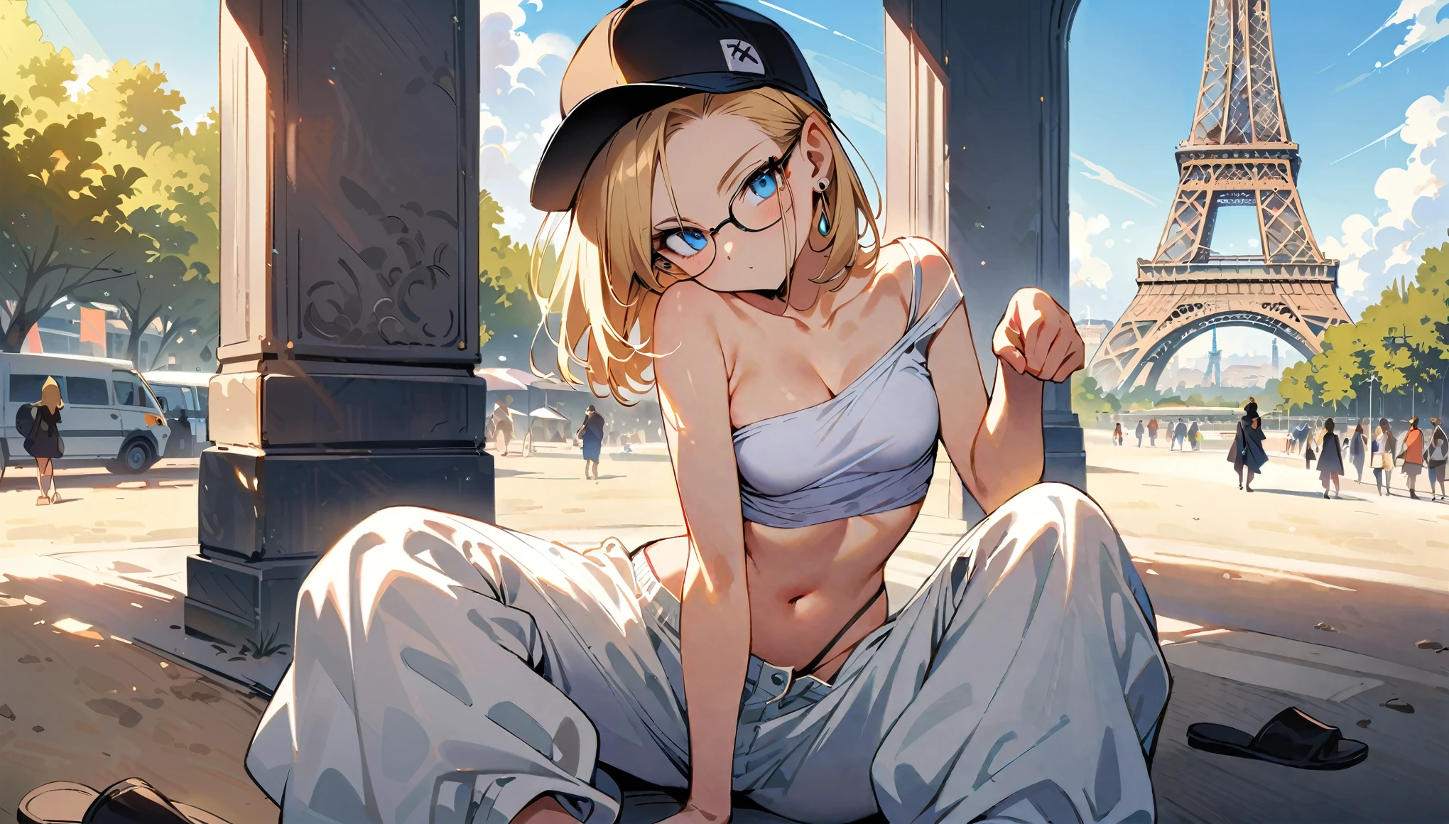 (masterpiece, best quality:1.2), full body shot, solo, Android 18 from Dragon Ball, collarbone, cleavage, ((slip-on one-shoulder crop top)), (light gray top:1.2), no jacket, midriff-baring, navel, ((white baggy pants with one button undone)), strings of thong underwear slightly visible, small breasts, short blonde hair loose, ((blue eyes)), ((wearing glasses)), earrings on earlobes, slender feminine figure, narrow waistline, skinny body, (plane black cap), (cap without logo), beach sandals, sunlight, head tilt, looking at viewer, light blush, paw pose, the Eiffel Tower, outside, natural lighting and shadows, blur background, 4K
