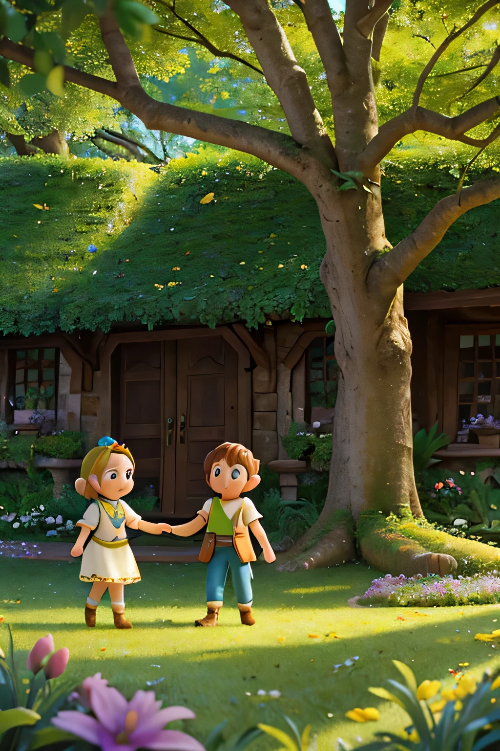 The image should show a lush and magical garden, com flores brilhantes, ancient trees and enchanted creatures like fairies, duendes e um coelhinho de cristal. No centro da capa, place two siblings – a ten-year-old with long brown hair and an eight-year-old boy with shaggy blonde hair – discovering a mystical statue with a book and a key. Ao fundo, add a majestic tree with golden leaves, Representing the Tree of Life. The color palette should be vibrant and magical, com tons de verde, dourado e azul. Include the title "O Segredo do Jardim Encantado" em letras encantadas e estilizadas no topo da capa.