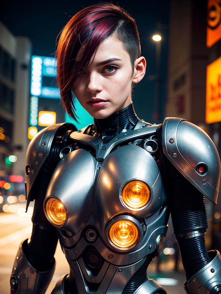 (best quality, masterpiece, highest detailed), (photorealistic:1.2), raw photo, close up full body photo, cyberpunk style, cyborg portrait, robotic face, mechanical tubes, multi-colored hair, short haircut, robotic body, robotic tubes sticking out, metal body  , robotic hips, neon backlight, red blue neon, (vibrant color), (intricate details), exposure blend, bokeh, dim light, (hdr:1.4), high contrast, (muted colors, dim colors, soothing tones:1.3), low saturation  morbid