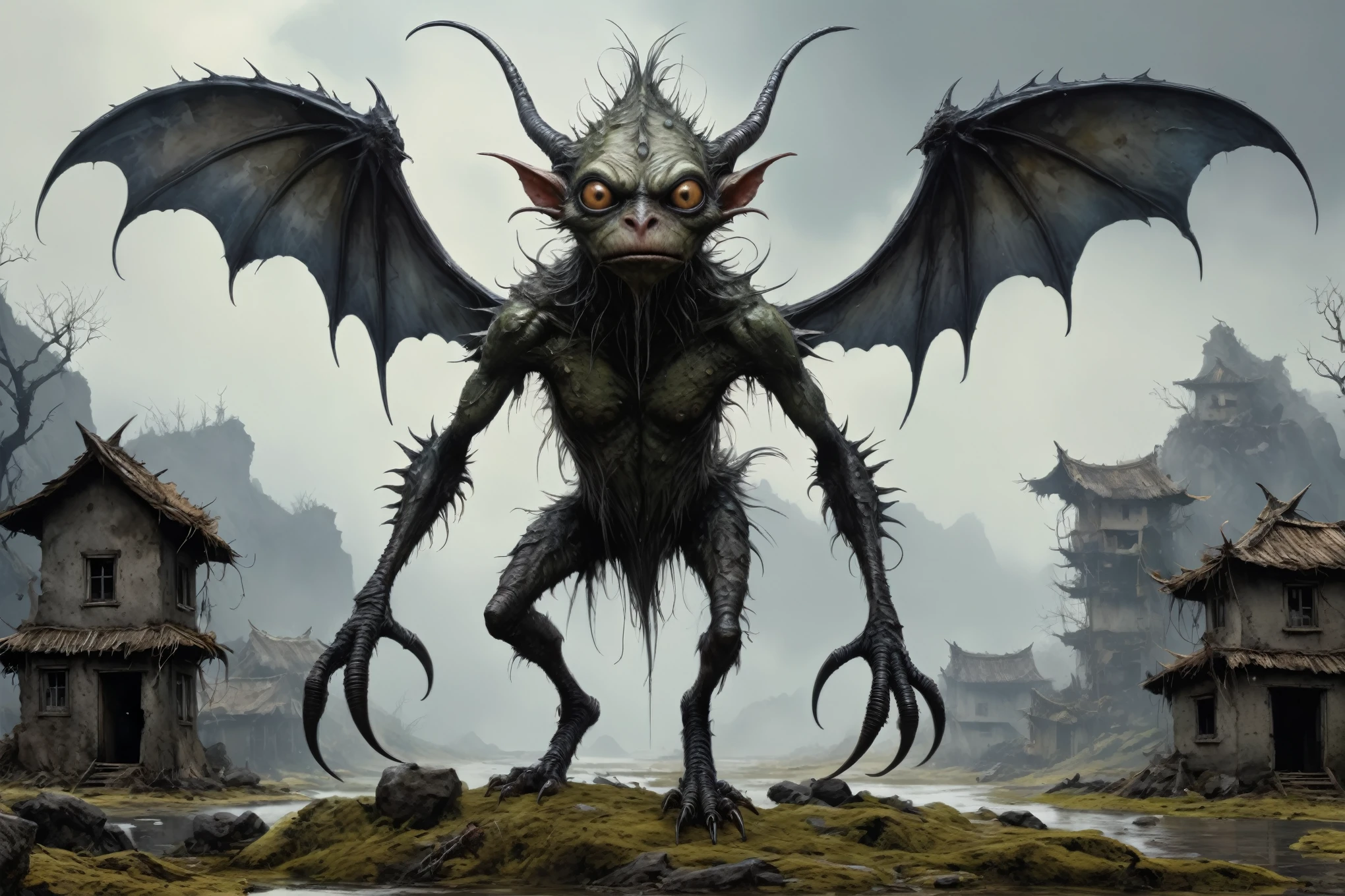 full-body-shot,kobold,natural skin textures, hyper realisitc, hyper detailed,elegant wings,wings Extremely detailed,High contrast,Realistic,Chalsedoon goblin, back view,full body length,sparas,pretty face,intricate details,realistic humid skin,extremely intricate details,anatomically correct, eyes extremely detailed, high detailed eyes,High contrast,Ultra HD,Retina,HDR,photo,photorealism,Masterpiece, natural skin textures, hyper realism,hyper detailed,High contrast,(HDR:1.4),Realism,Ultra Detailed,irina yermolova, close full body shot,16K resolution,RAW, Nikon Z9,Paul Zizka,full body length,niobium goblin,native irish,pretty face,eyebrow up,full body shot,ominous landscape,niobium gray atmosphere,by art Simon Stalenhag,Nicola Samori,(((Wangechi Mutu))),scary complicated village of stalkers,Stone Forest in Yunnan Province of Italia