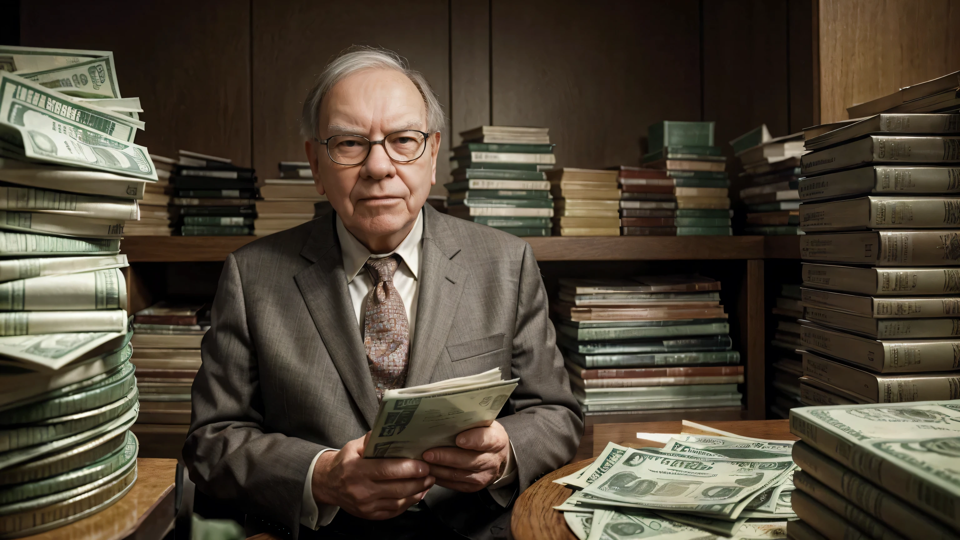 Warren Buffett, A detailed and realistic image of a stranger in a suit, Surrounded by a flurry of dollar bills, ultra realistic image, hyper detailed realistic skin,Search for a 《Financial Formula》 A book as the center.