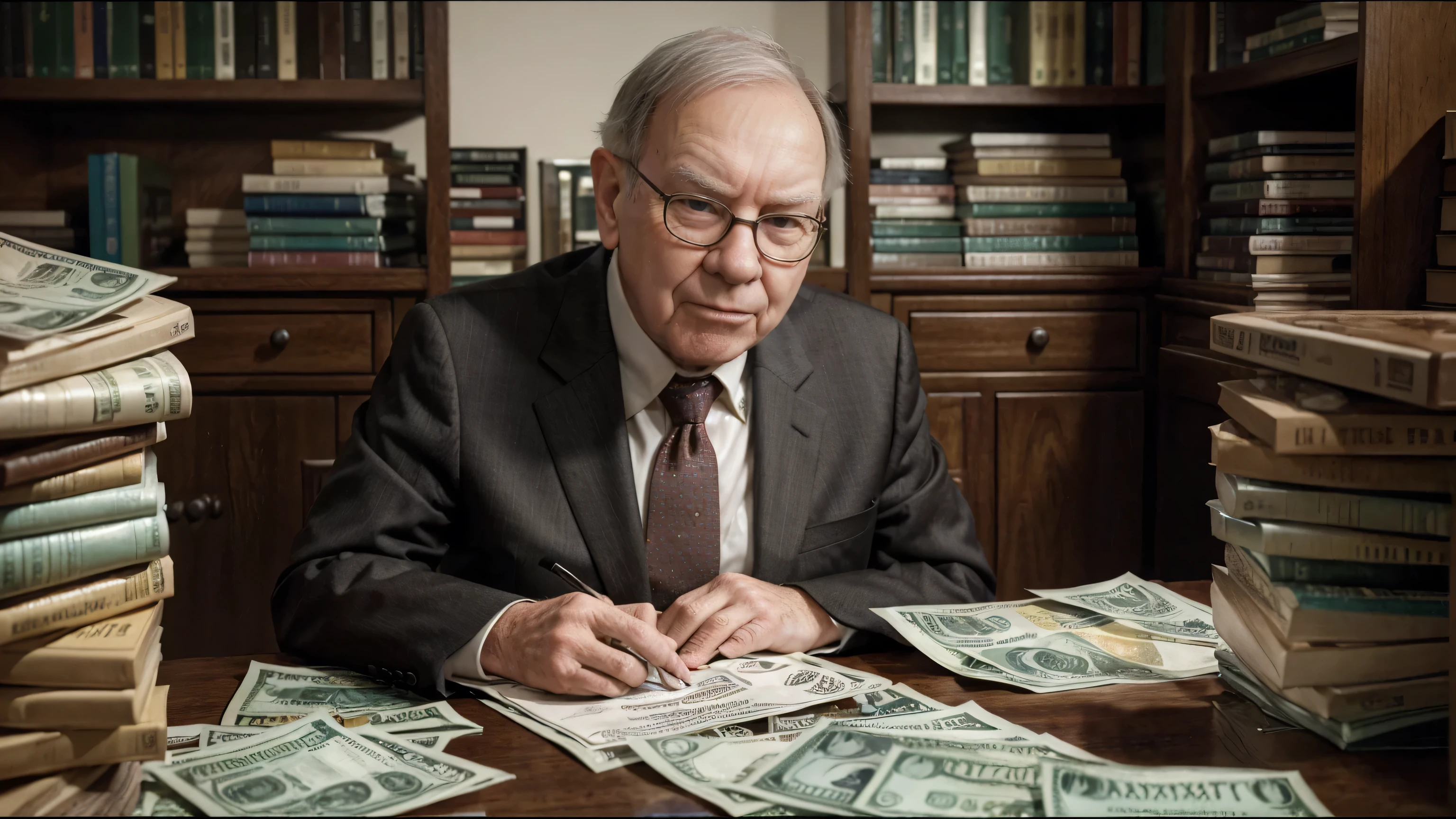 Warren Buffett, A detailed and realistic image of a stranger in a suit, Surrounded by a flurry of dollar bills, ultra realistic image, hyper detailed realistic skin,Search for a 《Financial Formula》 A book as the center.