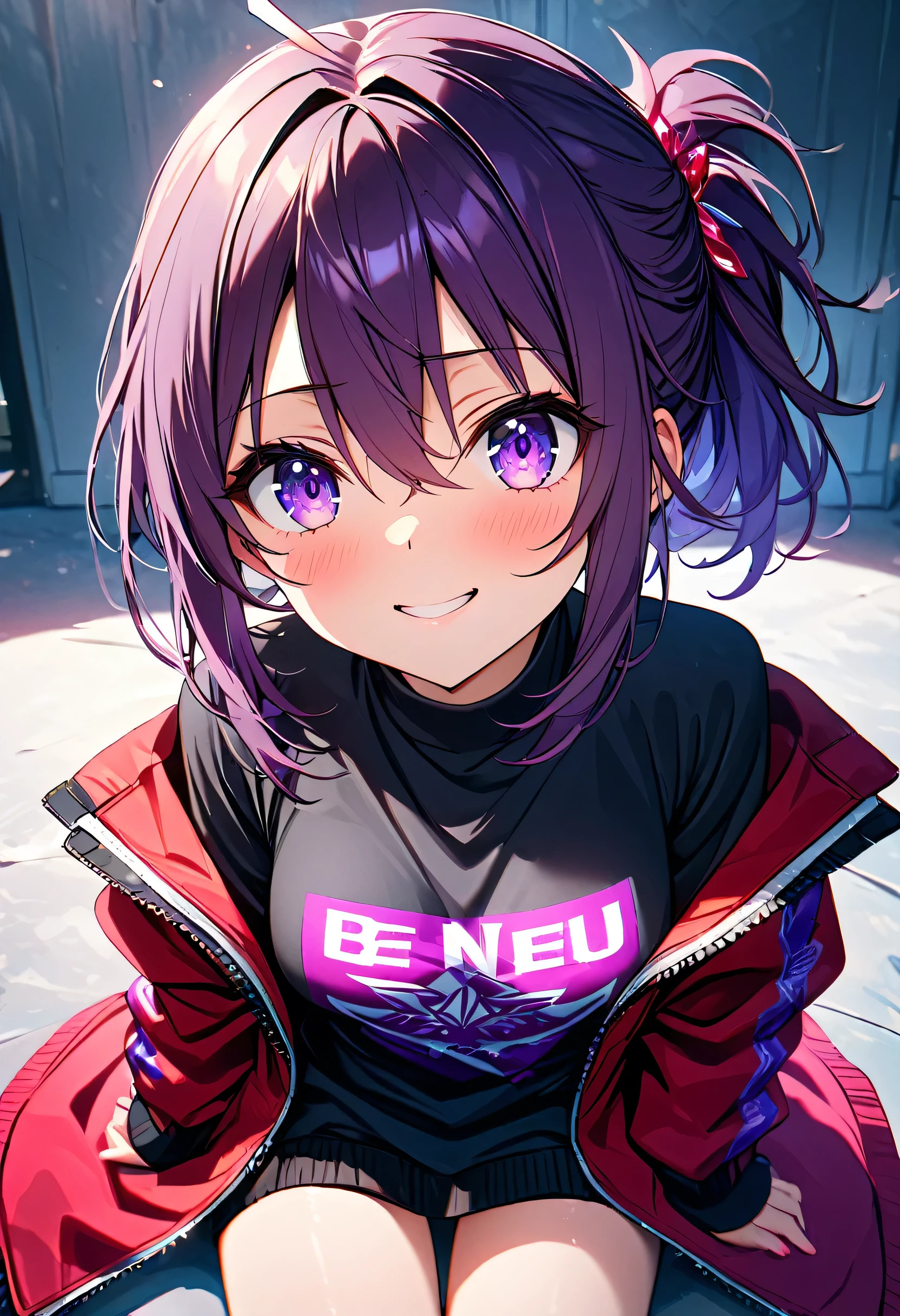 (highest quality,8k,High resolution, masterpiece:1.2), Super detailed, High resolution、One Girl、Dark purple hair color、semi-long、There are some stylish pink lines in her hair.、Short Ponytail、Hair between the eyes、Big purple eyes、Beautiful crystal eyes、older sister、Top jersey、Jacket size XL、hot pants、Beautiful feet、Thin legs、Naughty expression、Mocking look