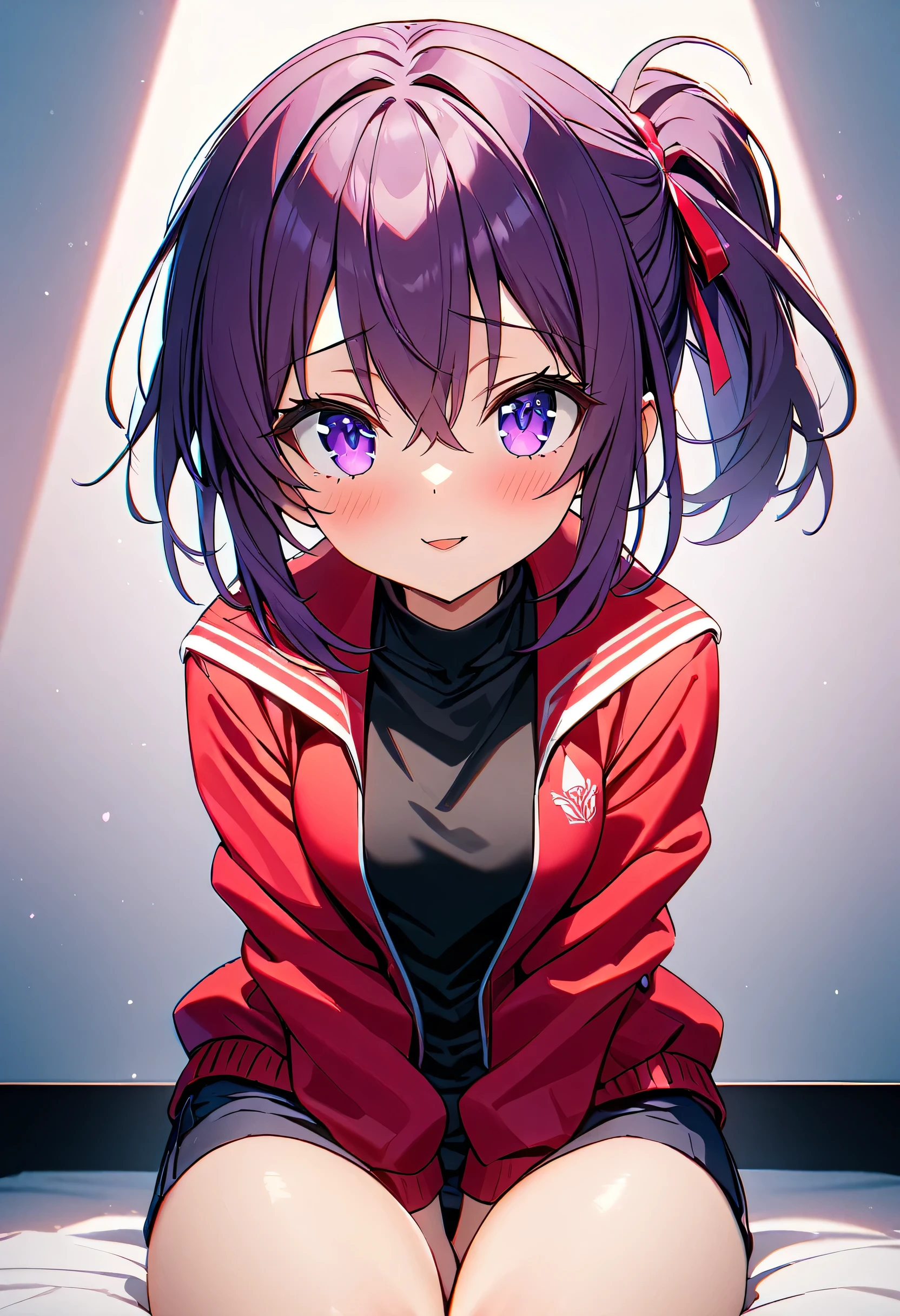 (highest quality,8k,High resolution, masterpiece:1.2), Super detailed, High resolution、One Girl、Dark purple hair color、semi-long、There are some stylish pink lines in her hair.、Short Ponytail、Hair between the eyes、Big purple eyes、Beautiful crystal eyes、older sister、Top jersey、Jacket size XL、hot pants、Beautiful feet、Thin legs、Naughty expression、Mocking look