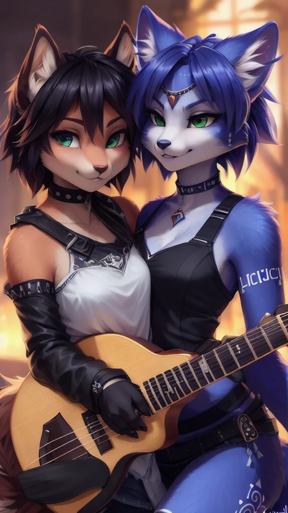 A beautiful and detailed (sweet portrait) von ((Krystal)), Sternenfuchs Krystal, Schlank, liebenswert, green eyes, medium breasts, (((Lange blaue Haare 1.3))),  ((schwarze haarspitzen)), Dekollete, Grinsen, hoch schauen,, anthro, Pelzig, Hochgeladen E621, detailed flauschige fur, (von Fluff-Kevlar, Bayard Wu, Personalami, Pino Daeni), detailliertes Gesicht, (flauschige), 1 girl, Allein, wears a Gakuran , befindet sich in einer schule, spielt e-gitarre