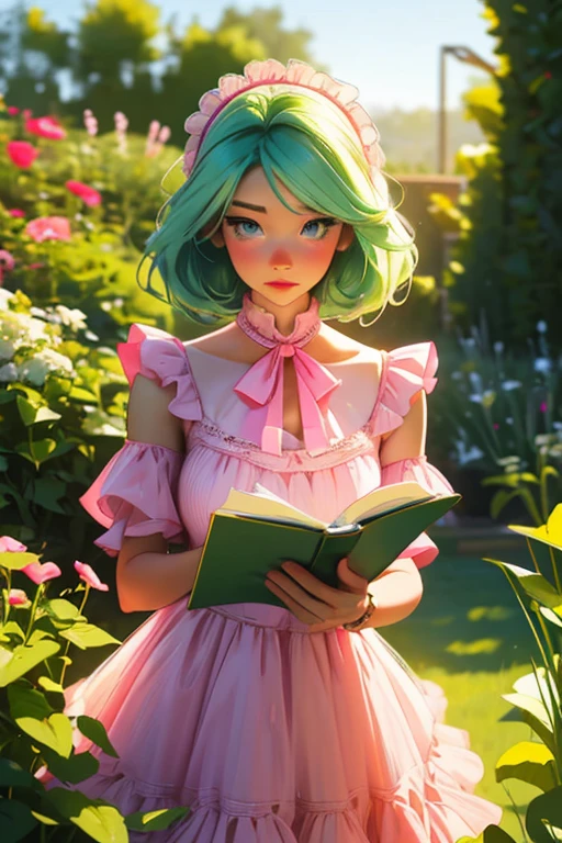 A light green haired woman with pink eyes and an hourglass figure in a pink lolita dress is reading while watering a plant in the garden