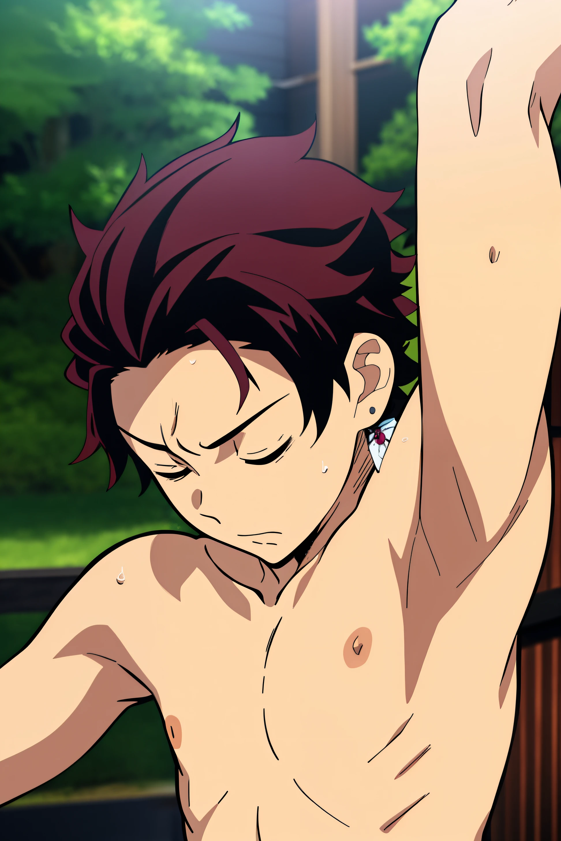 Highres, Masterpiece, Best quality at best,Best Quality,hight quality, hight detailed, Anime style, 1boy, Boy, Shota, Solo person, Tanjiro_kamado, Demon slayer, Earring, Shirtless, bare chest, Sleeping om the bes, Slim body, Sweat, (Showing armpit:1.3), Body, Blurry beckground, Seen from the front, (very young boy), (very small and short body)