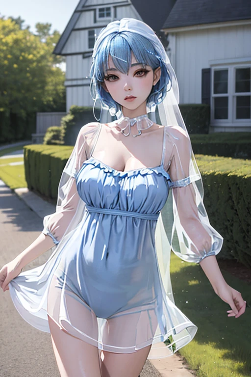 masterpiece, best quality,A beautiful woman with light delicately filtering through her blue hair, her summer semi-transparent dress is beautiful, she's using a white leotard under her semi-transparent dress and she's standing in front of a cottage