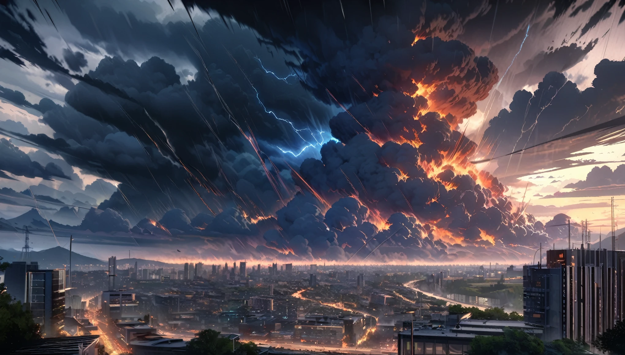 anime aesthetics, anime landscape, city street view, pitch-black cloudy sky, distant hopeful light, heavy rain, dynamic scene, landscape scenery, peak storm weather, incredibly detailed storm clouds, blackened sky, fierce thunderstorm, active storm clouds, frequent thunder and lightning, violent stormclouds, peak stormy weather, extremely ominous skies, very thick ominous clouds, intense storm clouds, violent storm activity, cityscape, wide shot, high quality, highres, best quality, award winning, super detail, masterpiece, 8k, 16k