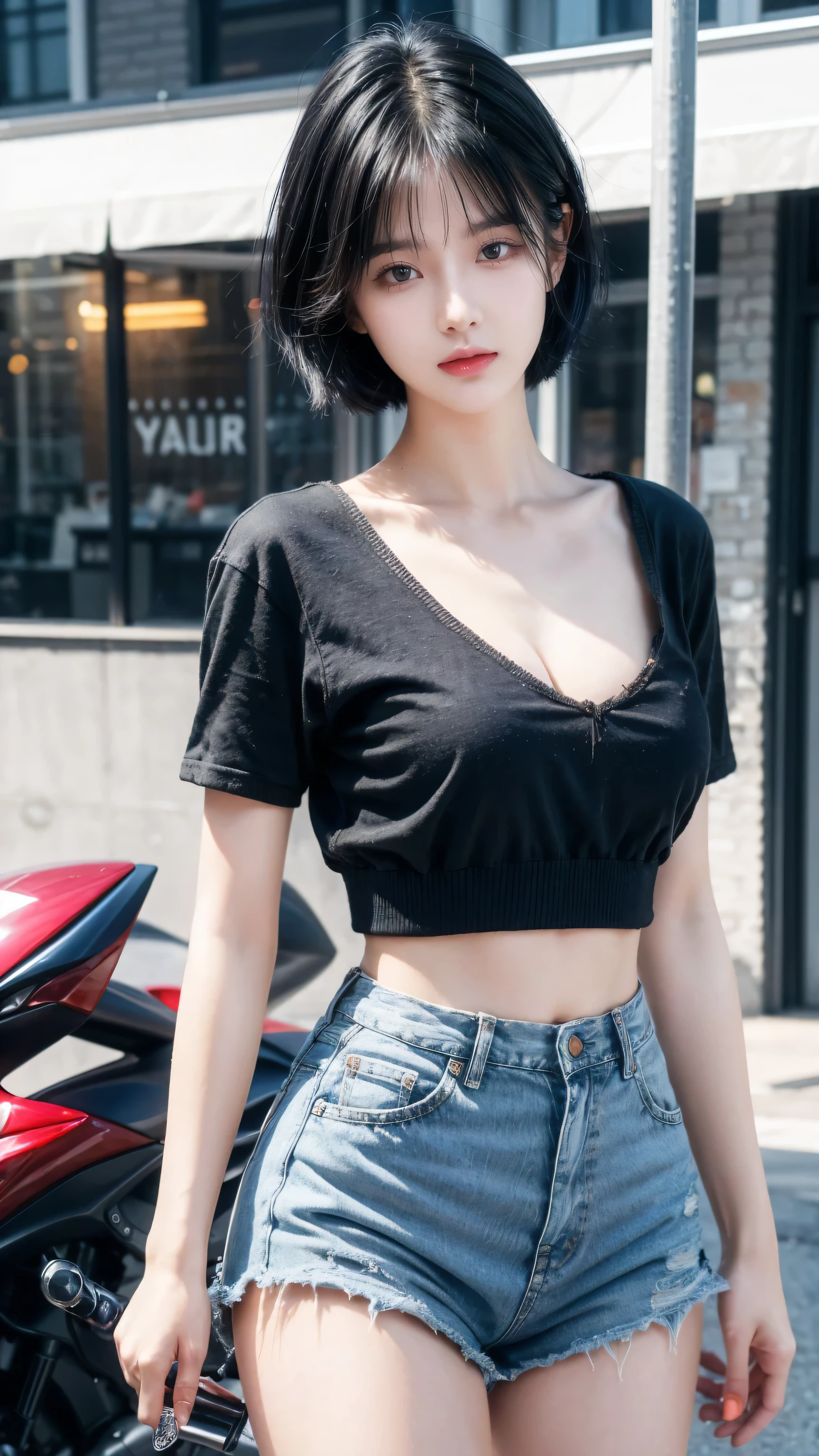 best quality, 1 Girl, dark blue hair, black eyes, Very short hair, Spiky hair, shirt and High waist short jeans, 171 cm, Messy hair, Hair between the eyes, Medium breasts, full, Tomboy, aldult, 20 years old, 1 Girl near red motorcycle , at the seaport