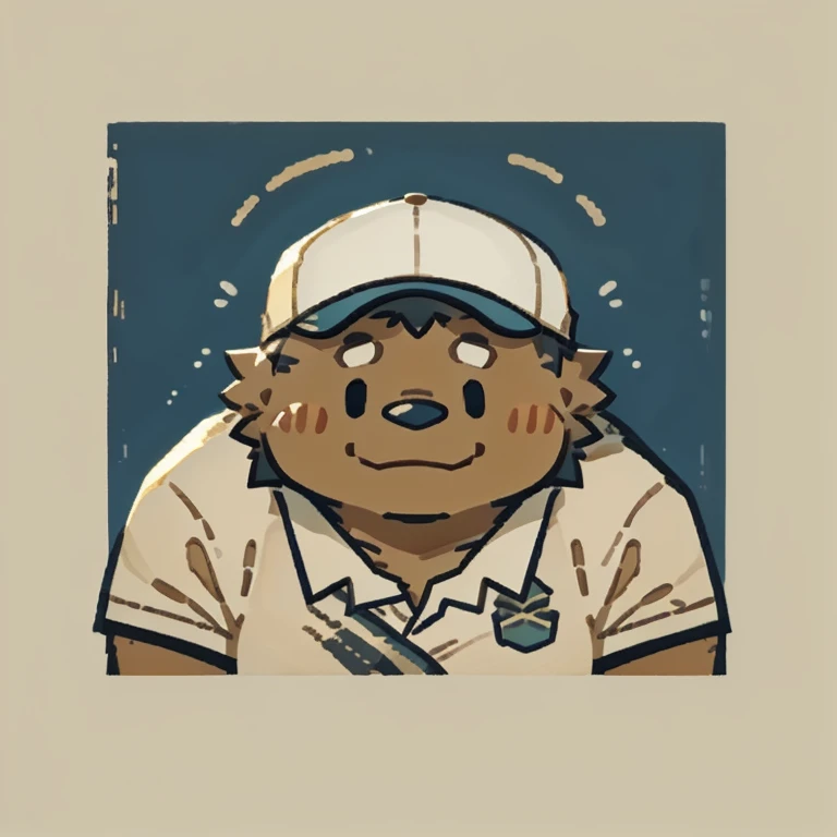 brown dagon face,Cute face,Humanity(brown dagon), (White short sleeve:1.3), (with cap), (round face), (brown skin), Chubby,(white eyebrows:1.1),(Upper body naked:1.2),(perfect black eyes),Simple background, Blue Background,print style。(Artist:Takemoto Arashi