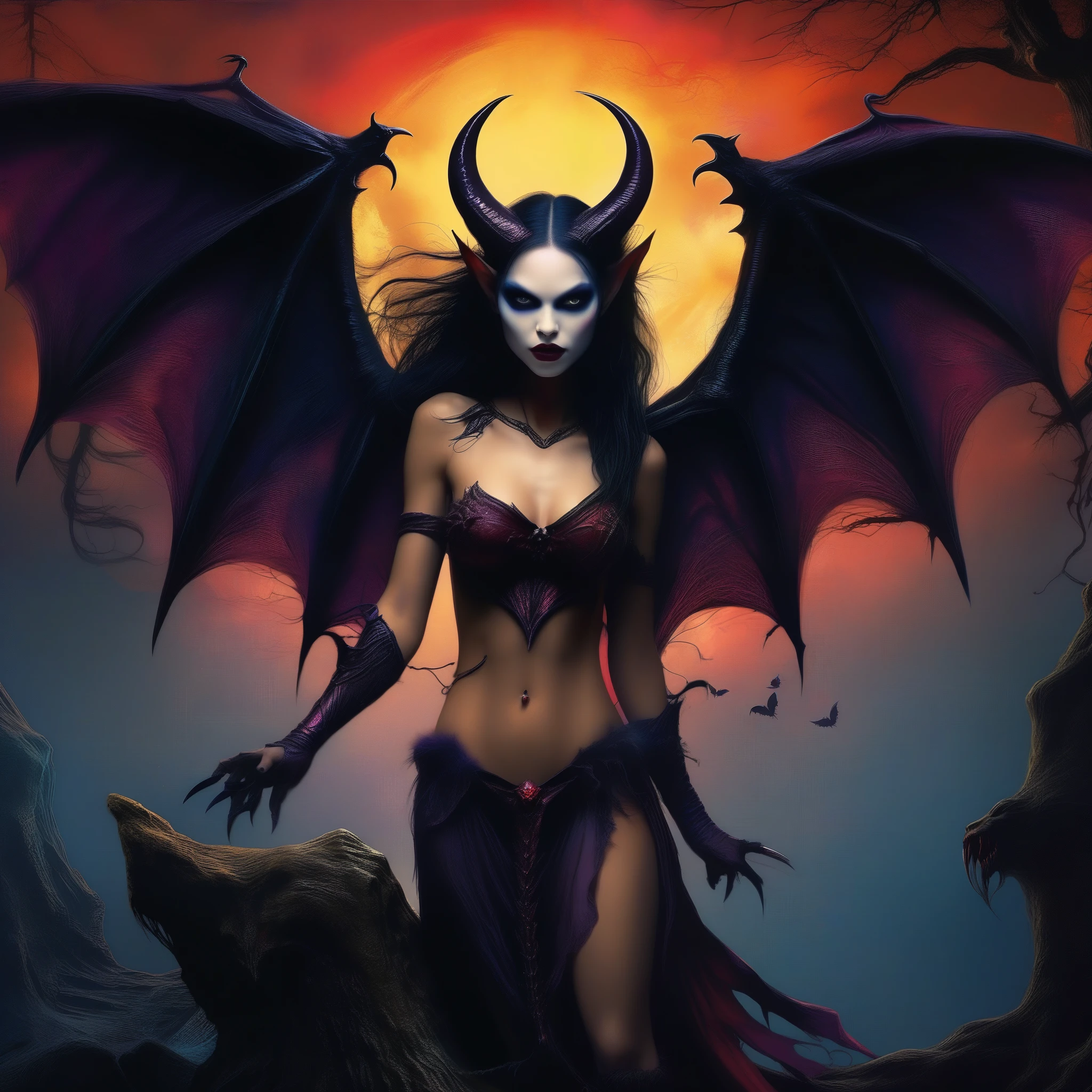 Lilith , a mythical creature female demons,The creature has outstretched wings and appears to be in an aggressive posture or ready to attack a creature with a gothic look, a young woman with bat parts, a bat girl, humanoid and bat creature, dark fantasy with elements of reality, vibrant colors, deep shading.