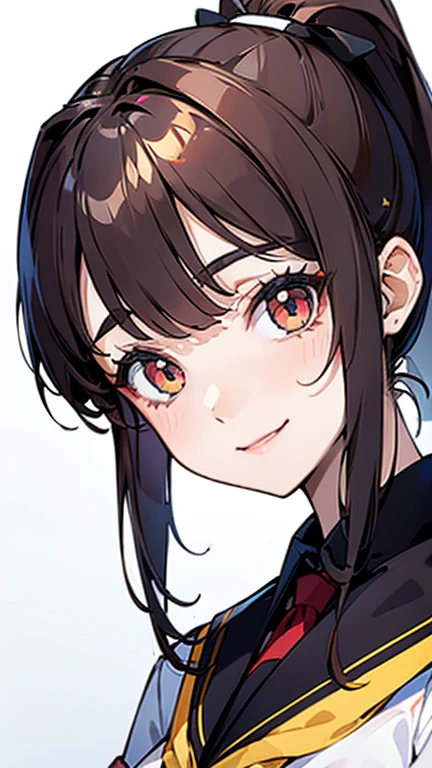 High quality, Best quality , masterpiece, Portrait、、Bright expression、ponytail、Young, shiny, white, glossy skin、Gloss Face、Shining Cheek Gloss、Small Face Beauty、The best beauty、yellow hair、Bright hair with dazzling highlight、super long silky straight hair, beautiful bangs are covering her eyes, clear, attractive, bright, large, pure red eyes、Very big eyes、eyeliner、very beautiful lovely cute 16 year old girl、young girl, Ample Bust, upper body , (smile:1.2) , (((school uniform , ponytail )))),in school 