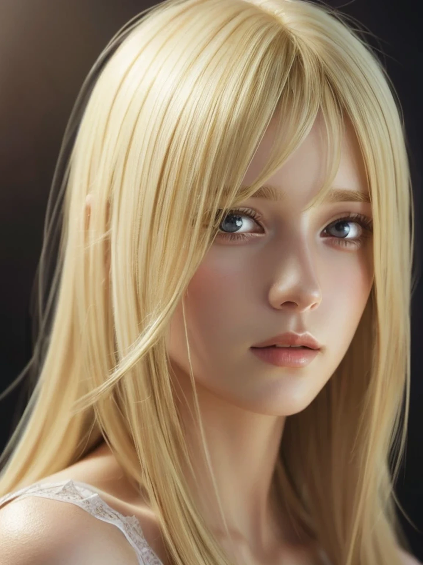 Close-up head, To the camera, Realistic digital painting of a woman portrait, Shy,  open mouth to say something, sad, (medium Hair:1.1), (Blonde Hair:1.3), (Highly detailed skin:1.2), Mystical style, Global Illumination,