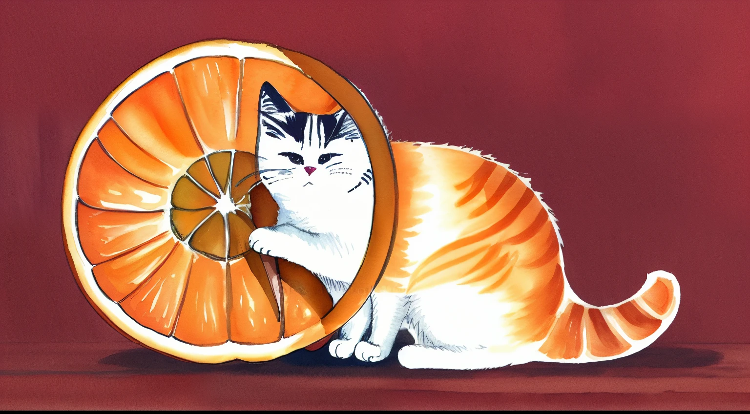 Cat holding an orange,cute,Cats use lines,Oranges in watercolor style,illustration