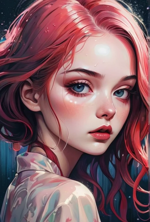 Chiaroscuro technique in elegant oldies illustrations , Wet Hair, Vintage, Creepy, Matte Paint, Hannah Dale, by Harumi Hironaka, Very soft color, Vibrant, Very detailed, Digital illustration , High Contrast, dramatic, Sophisticated, tone, expression