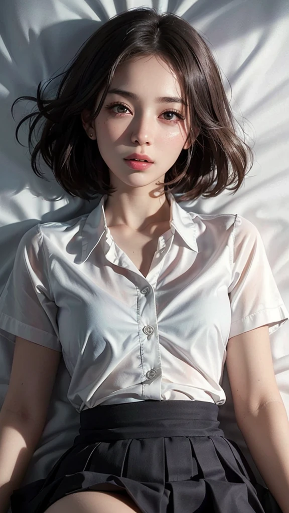 (highest quality, masterpiece:1.3), shape, ((Beautifully detailed face)), Beautiful and detailed skin, Intricate details, Very detailed, Best image quality in 8K, The true picture () (18 year old high school girl:uniform,White short sleeve shirt,Pleated skirt,Black Lingerie) (Small breasts), ,Japanese Girls,One Girl,Baby Face,(Detailed Hair,Bobcut,Black Hair),Detailed lips,Open your mouth,(Lying in bed,Sleep on your back:1.2,Top View),blush,Embarrassing,Realistic Face,Realistic Skin,(sexy:1.8,Clothes are disheveled,All the buttons on the shirt are undone),(Vibrant Skin,Moisturized Skin:1.2),Vivid lips,Lip gloss