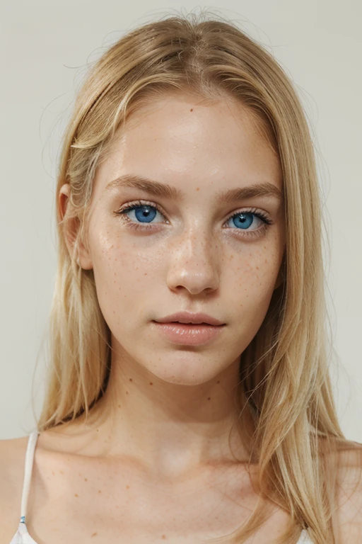 Girl, white, tall, thin, freckles on her face, blue eyes, blonde