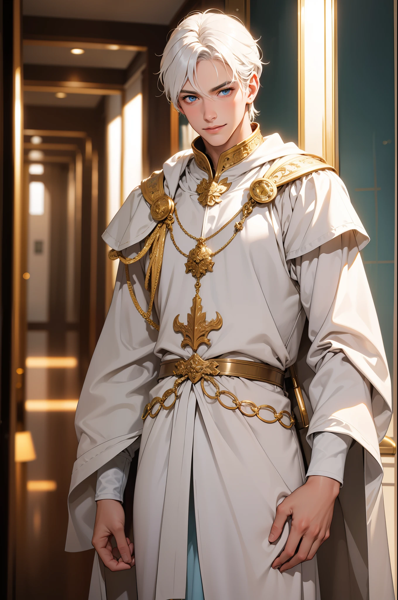 a really cute handsome tall man, age 18, slim, shiny heavenly blue eyes, white lush hair, slightly tanned skin, in white imperial attire, green pendant, plain adorable look, and smile, looking at the viewer, a big gold hallway in the background, show full body,
