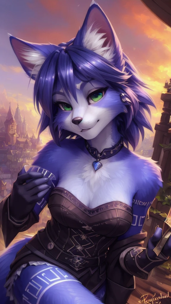 A beautiful and detailed (sweet portrait) von ((Krystal)), Sternenfuchs Krystal, Schlank, liebenswert, green eyes, medium breasts, (((Lange blaue Haare 1.3))),  ((schwarze haarspitzen)), Dekollete, Grinsen, hoch schauen,, anthro, Pelzig, Hochgeladen E621, detailed flauschige fur, (von Fluff-Kevlar, Bayard Wu, Personalami, Pino Daeni), detailliertes Gesicht, (flauschige), 1 girl, Allein, spielt e-Gitarre, solo