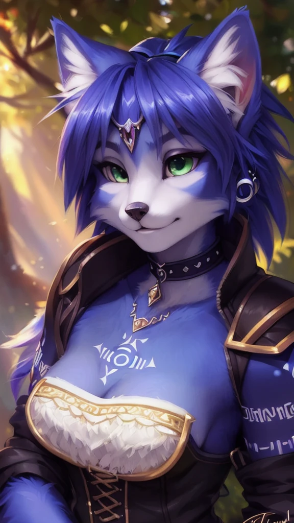 A beautiful and detailed (sweet portrait) von ((Krystal)), Sternenfuchs Krystal, Schlank, liebenswert, green eyes, medium breasts, (((Lange blaue Haare 1.3))), ((schwarze haarspitzen)), Dekollete, Grinsen, hoch schauen,, anthro, Pelzig, Hochgeladen E621, detailed flauschige fur, (von Fluff-Kevlar, Bayard Wu, Personalami, Pino Daeni), detailliertes Gesicht, (flauschige), 1 girl, Allein, spielt e-Gitarre, solo