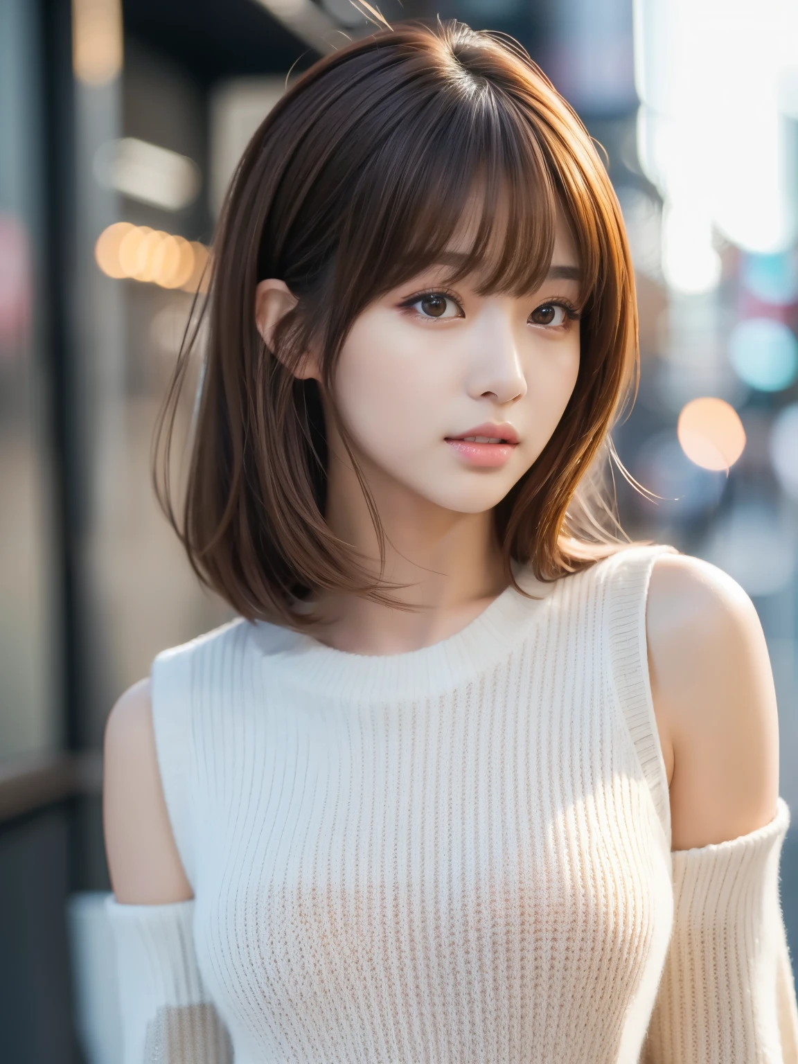 Ultra High Definition, Superior Quality, Premier Quality, ultra detailed, Photorealistic, 8k, RAW Photos, highest quality, masterpiece, Attractive girl, Stunning girl, Brown Hair, Shoulder Length Layered, asymmetrical bangs, K-pop Idol, Sophisticated, Stylish, white knit, Shibuya,