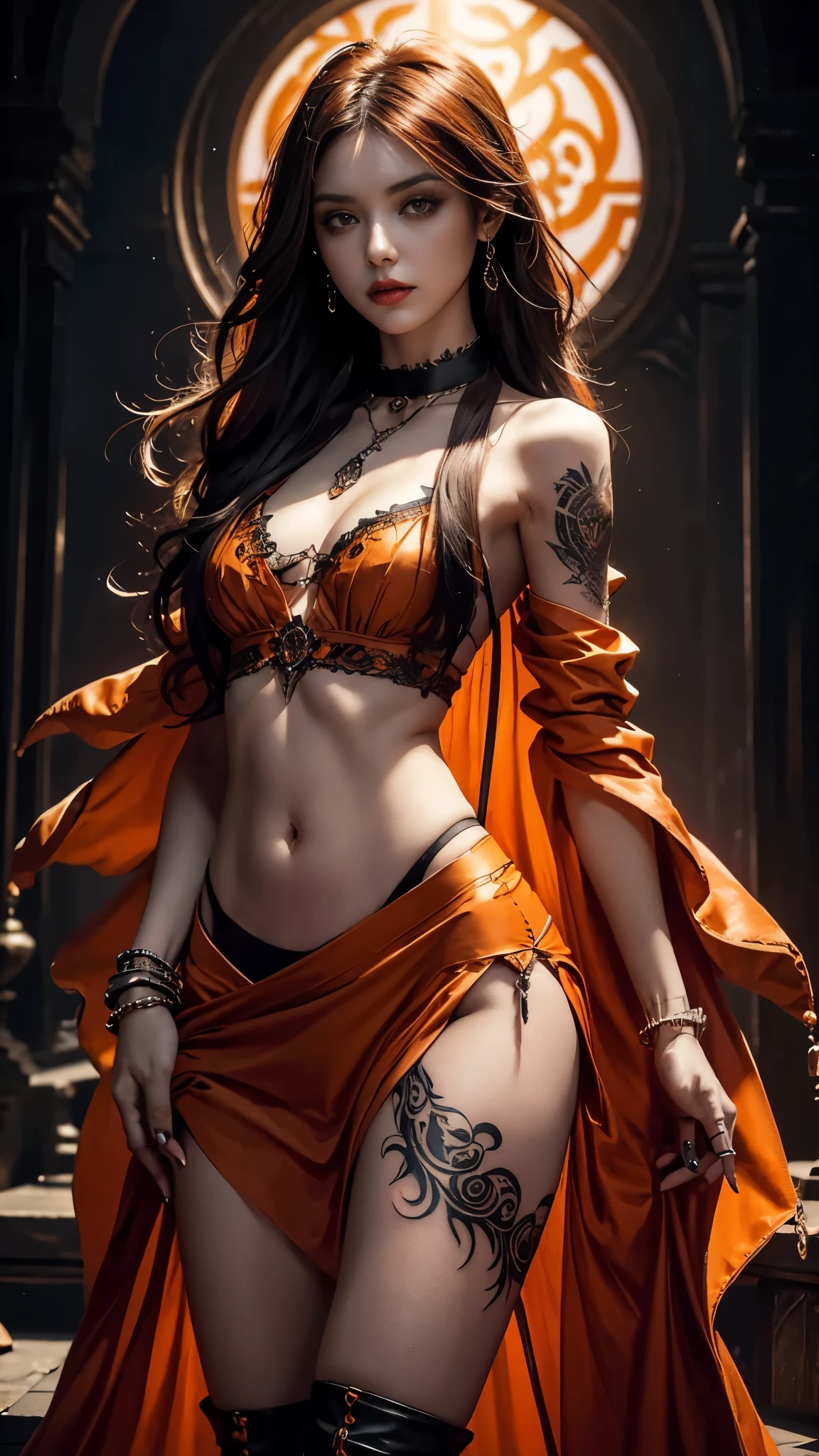 Gothic style photorealistic, 1girl, (Unreal tattoo), long hair, witch hair, solo, navel, detailed eyes, jewelry, bracelet, choker, small breasts, looking at viewer, realistic, necklace, (((orange clothing))), short mini skirt, bare shoulders, thigh highs, mesh cape, Dark, mysterious, haunting, dramatic, ornate, detailed,
