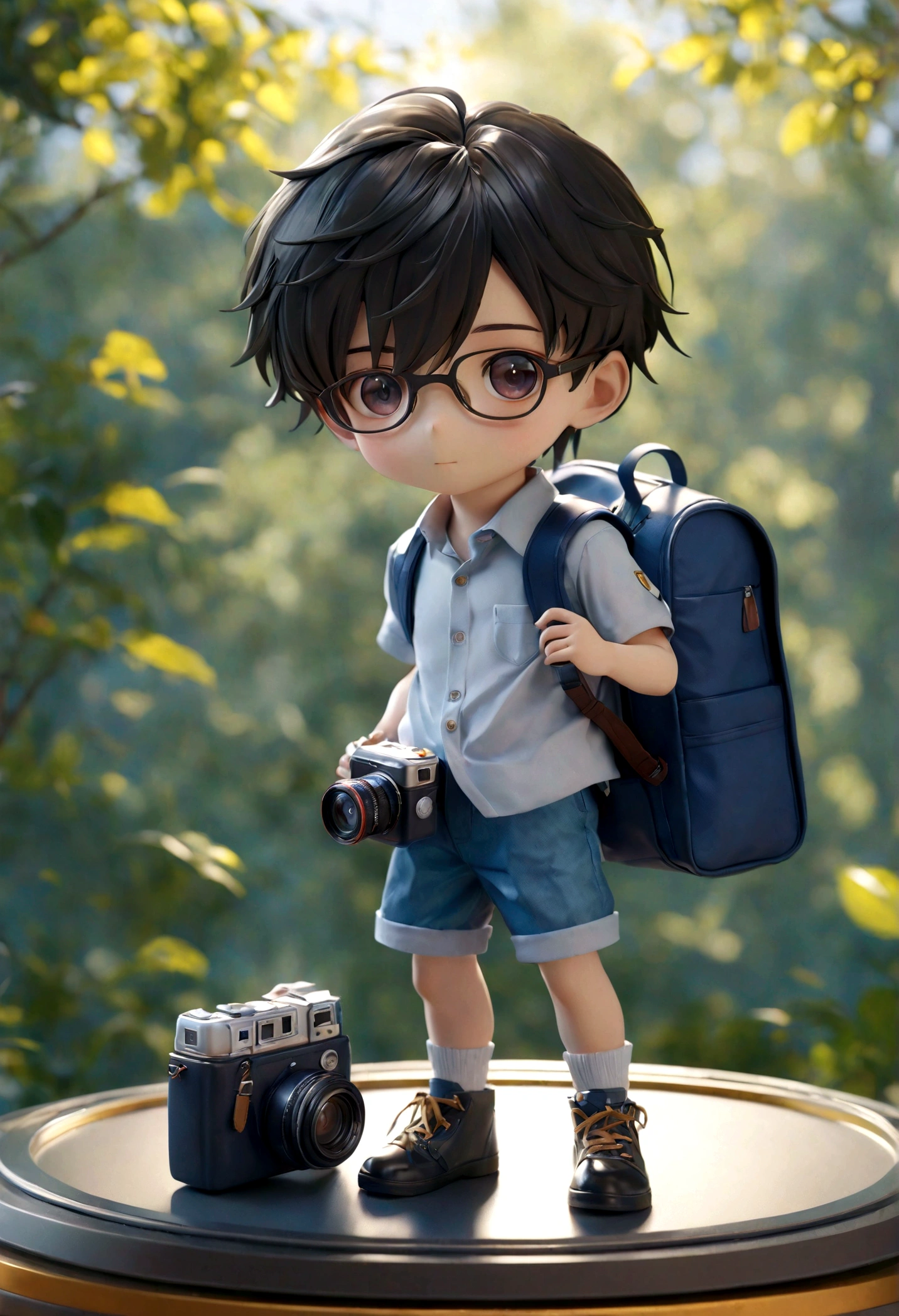 A chinese boy, With a headset, Wearing a shirt, camera, Carrying a camera backpack, full-body shot, 85mm lens, Ultra-high-definition picture quality, ue5 render, Ray Tracing, high detail, blind box toy style, UHD, super detail, high details, high quality