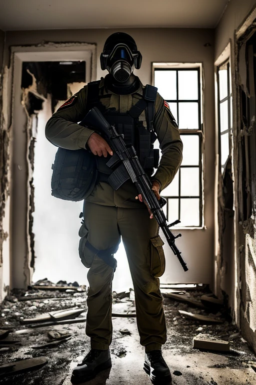 man, soldier, black, gas mask, holding a pistol in hand, ruined house.