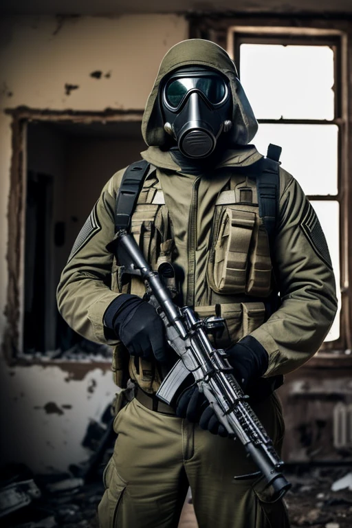 man, soldier, black, gas mask, holding a pistol in hand, ruined house.
