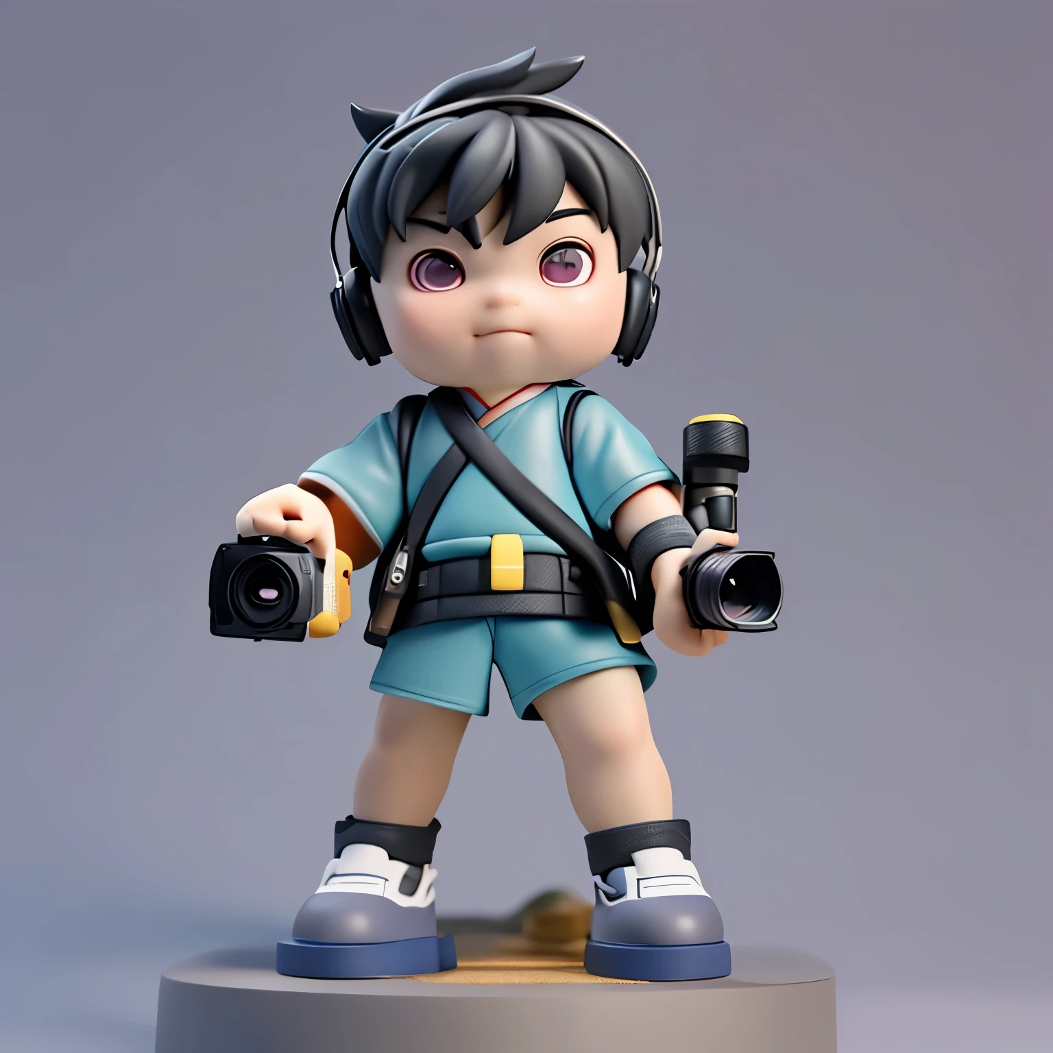 A chinese boy, With a headset, Wearing a shirt, camera, Carrying a camera backpack, full-body shot, 85mm lens, Ultra-high-definition picture quality, ue5 render, Ray Tracing, high detail, blind box toy style, UHD, super detail, high details, high quality