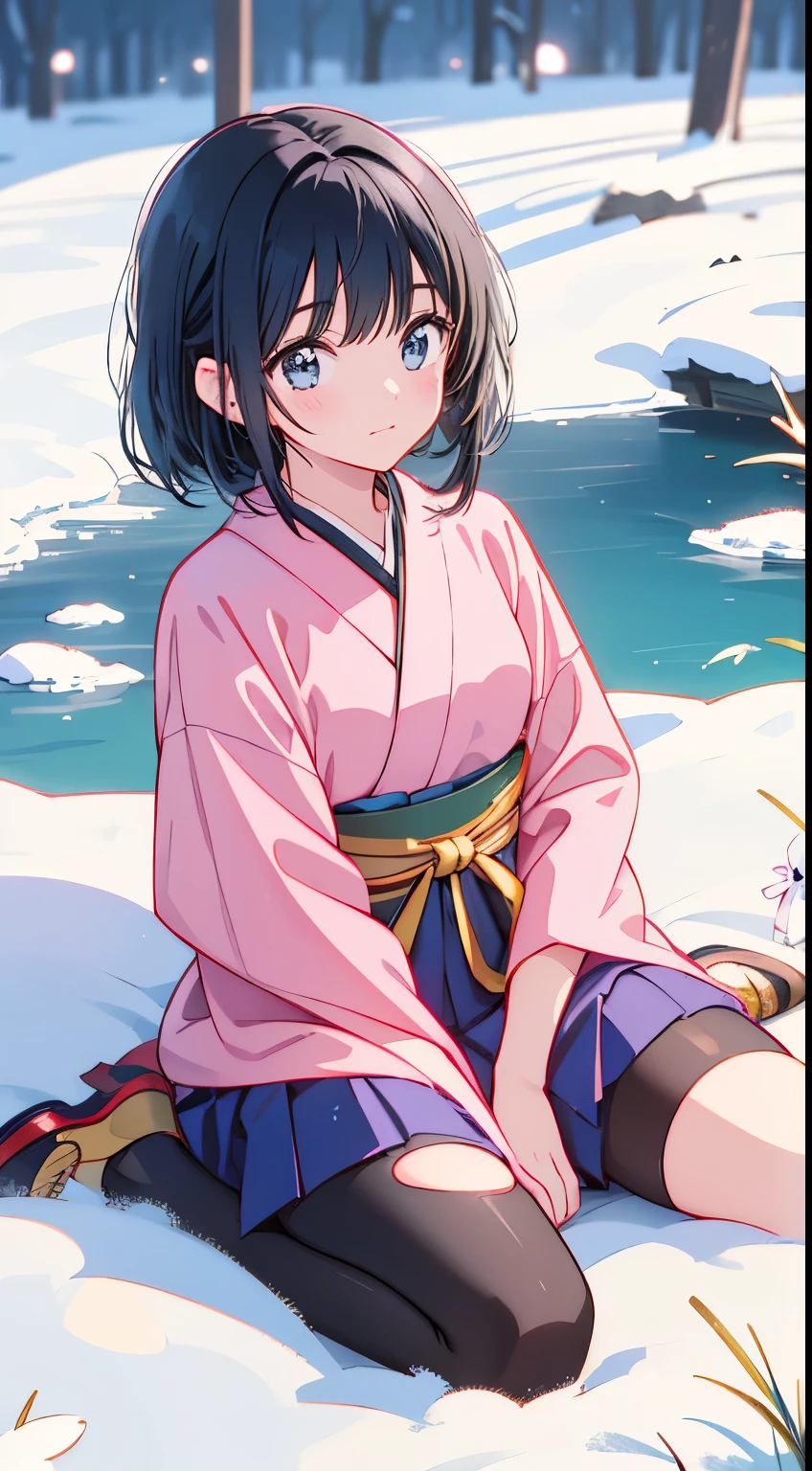 Super detailed, high quality,anime girl in a torn Pink kimono dress, gold chest guard, navy blue skirt, tights,gold leg guards, sitting on a snow covered ground, 13years old,Black hair, Hime cut, eyes closed,full body wuxia,{{injury}}, painful expression,dramatic wielding katana pose, wielding a katana, body{{injury}},all around{{many blood}},8k,nsfw