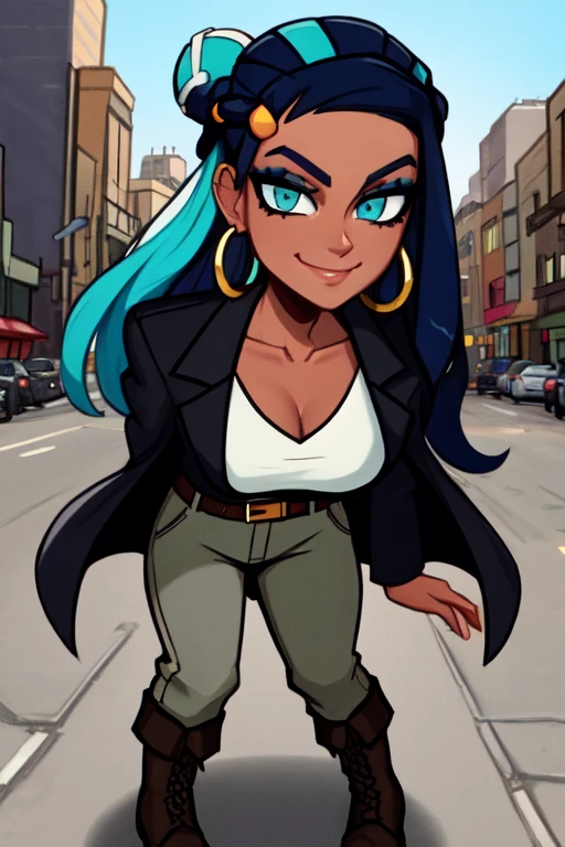 masterpiece, best quality, 12k hdr, (Detailed face:1.2), (Detailed eyes:1.2), solo, 1girl, nessacasual, dark skin, aqua eyes, long hair, wavy hair, black hair, blue hair, aqua hair, multicolored hair, two-tone hair, hair bun, single hair bun, eyeshadow, slim feminine figure, medium breasts, arrogant smile, Opened black coat, white undershirt, brown pants, belt, black boots, hoop earrings, collarbone exposed, cleavage, cowboy shot, full body shot, cinematic composition, outdoors, city street
