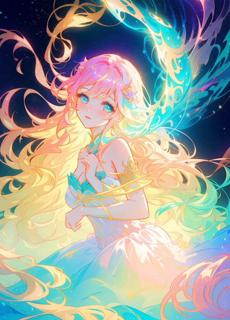 beautiful girl, puffy tiered layered ballgown, magical forest, vibrant pastel colors, (colorful), glowing golden long hair, magical lights, sparkling magical liquid, inspired by Glen Keane, inspired by Lois van Baarle, disney art style, by Lois van Baarle, glowing aura around her, by Glen Keane, jen bartel, glowing lights! digital painting, flowing glowing hair, glowing flowing hair, beautiful digital illustration, fantasia background, whimsical, magical, fantasy, ((beautiful face)), ((masterpiece, best quality)), intricate details, highly detailed, sharp focus, 8k resolution, sparkling detailed eyes, liquid watercolor