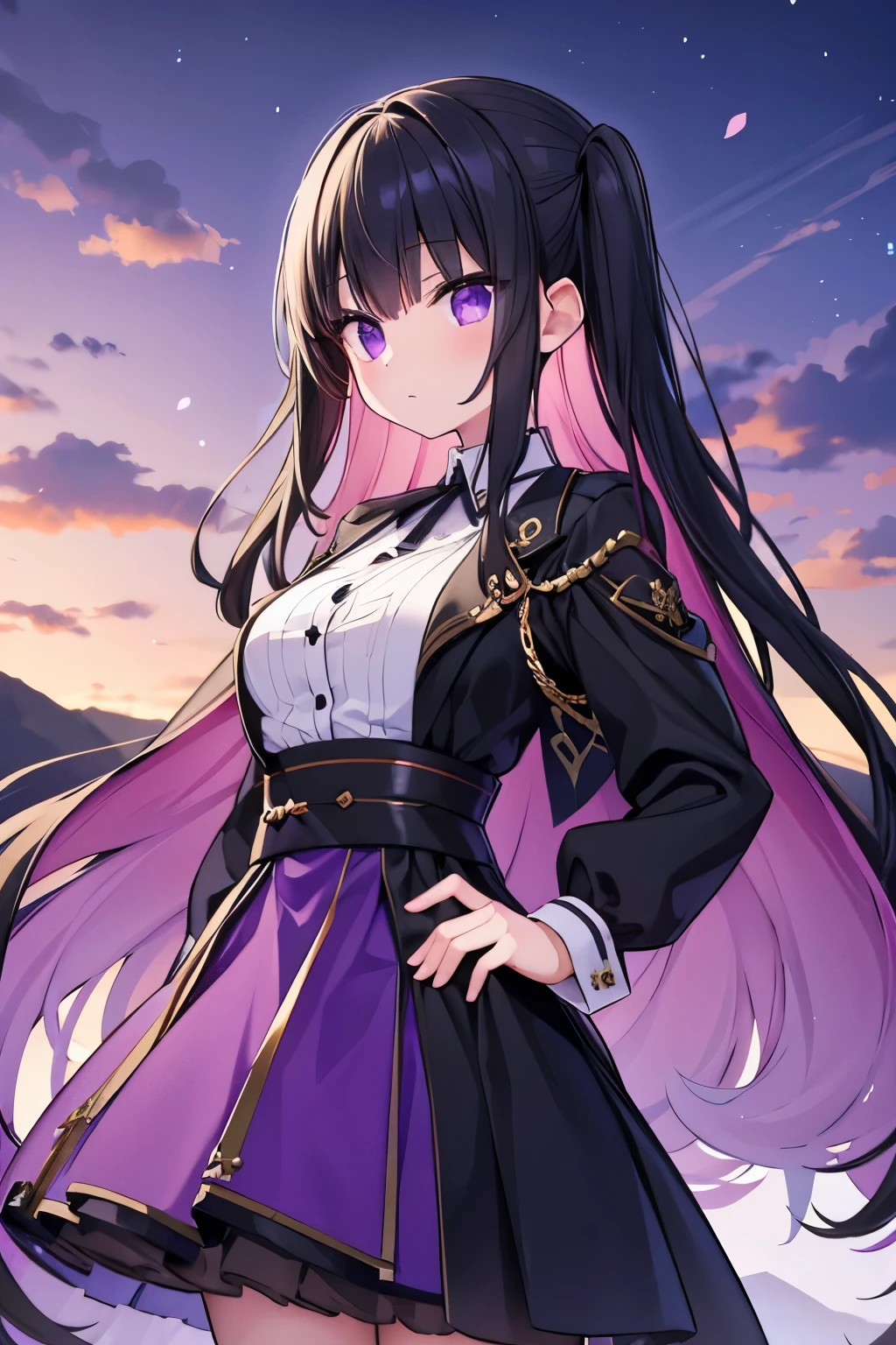One Girl,Black Hair,long,gallant,Purple Eyes,Yurigaoka Girls' School,cool,Cold-hearted,Grown-up,Black Uniform,belt,Black Skirt,Red ribbon,White shirt,Stoic and strict with himself,Older sister type,Grim expression,peesing,pee,piss,sitting,outside