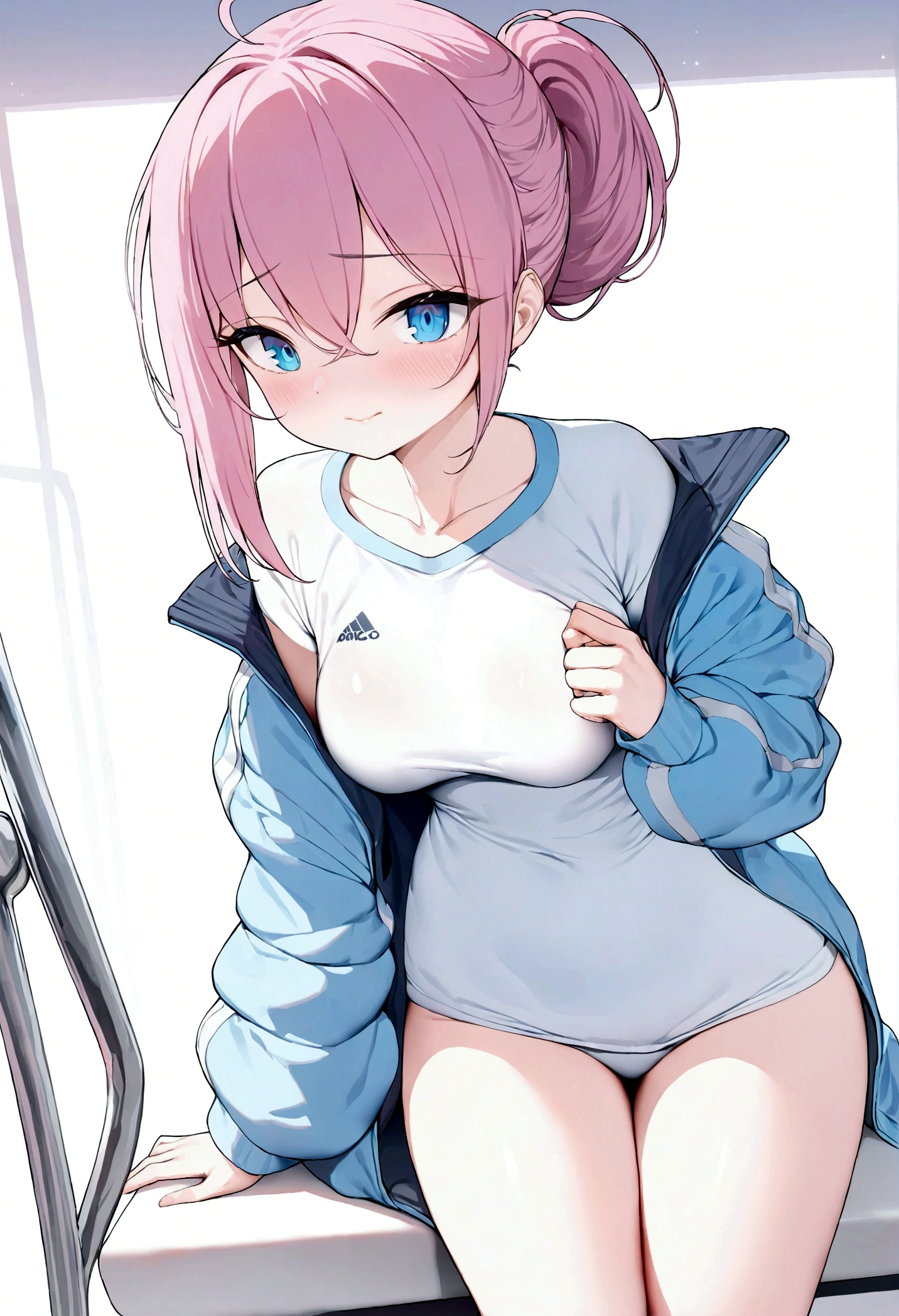 (highest quality,8k,High resolution, masterpiece:1.2), Super detailed, High resolution、One Girl、30 years old、adult、Dark pink hair color、semi-long、There are some stylish pink lines in her hair.、Short Ponytail、Hair between the eyes、Big light blue eyes、Beautiful crystal eyes、older sister、Top jersey、Jacket size XL、hot pants、Beautiful feet、Thin legs、Naughty expression、Mocking look、Sleepy look