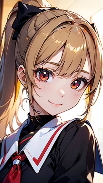 High quality, Best quality , masterpiece, Portrait、、Bright expression、ponytail、Young, shiny, white, glossy skin、Gloss Face、Shining Cheek Gloss、Small Face Beauty、The best beauty、yellow hair、Bright hair with dazzling highlight、super long silky straight hair, beautiful bangs are covering her eyes, clear, attractive, bright, large, pure red eyes、Very big eyes、eyeliner、very beautiful lovely cute 16 year old girl、young girl, Ample Bust, upper body , (smile:1.2) , (((school uniform , ponytail )))),in school
