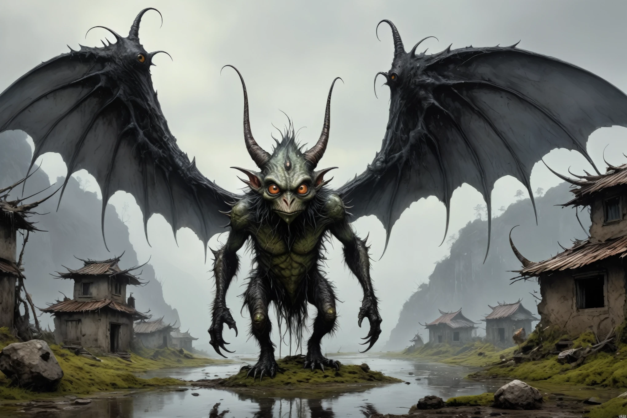full-body-shot,kobold,natural skin textures, hyper realisitc, hyper detailed,elegant wings,wings Extremely detailed,High contrast,Realistic,Chalsedoon goblin, back view,full body length,sparas,pretty face,intricate details,realistic humid skin,extremely intricate details,anatomically correct, eyes extremely detailed, high detailed eyes,High contrast,Ultra HD,Retina,HDR,photo,photorealism,Masterpiece, natural skin textures, hyper realism,hyper detailed,High contrast,(HDR:1.4),Realism,Ultra Detailed,irina yermolova, close full body shot,16K resolution,RAW, Nikon Z9,Paul Zizka,full body length,niobium goblin,native irish,pretty face,eyebrow up,full body shot,ominous landscape,niobium gray atmosphere,by art Simon Stalenhag,Nicola Samori,(((Wangechi Mutu))),scary complicated village of stalkers,Stone Forest in Yunnan Province of Italia