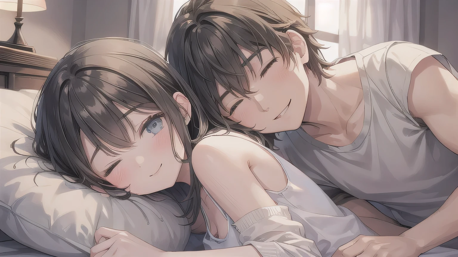 young boy and woman are cuddling, in the bedroom, bright room, at night, woman is smiling happily with eyes closed, the man's face is not visible, the woman is wearing a gray camisole,